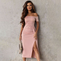 Lizakosht Summer New Solid Color High-Waist Elegant Dress Ladies Slim Slit Long Casual Skirt Party Club Sexy Neck Open Long Dress