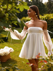 Lizakosht Summer Women'S Mini Skirt One Word Collar Off-the-Shoulder Mesh Long Sleeve Solid Color Dress Sexy Backless Casual White Dress