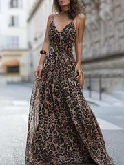 Summer Elegant Off Shoulder Long Party Dress Sexy V Neck Leopard Print Sling Dress Fashion Women Wrap Waist Hem Slim Robe Dress