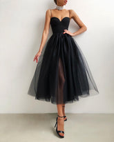 Black Princess Evening Dress Strap Tube Top Sexy Fantasy Sleeveless Open Back Mesh and Calf Length Party Ball Dresses Hot Sale