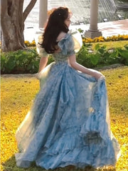 Lizakosht Even Party Midi Dress Office Lady Summer Short Sleeve Blue Formal Dress Women Puff Sleeve Elegant Lace Dress Korean Outwear