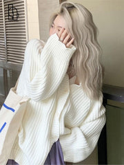 Lizakosht White Cardigan Sweater Jacket women's Spring Autumn Winter New Retro Lazy Style Knitted Sweater Cardigan