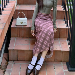 Lizakosht Women's Pink Plaid Mesh High Waist Ankle-length Skirt Spring Autumn New Chic Fashion Female Straight Barrel Thin Long Skirt