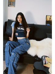 Lizakosht American Street Pocket Cargo Jeans Female Y2K Fashion Heavy Industry Loose High Waist Slim Straight Leg High Street Jeans New