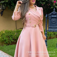 Lizakosht Autumn Dress Women Slim High Waist V-neck Bandage Pleated Dress Women Casual Long Sleeve Double Breasted Turn-down Collar Dress