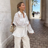 Lizakosht Summer Lace Hollow Out Shirt Top for Women Y2K INS Clothes Long Lantern Sleeve Single Breasted Loose T-shirt Blouse