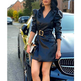 Lizakosht Women's PU Office Dress Women's Sexy Slim Belt High Waist Slim Dress Fashion Puff Sleeve V-neck Solid Color Dress