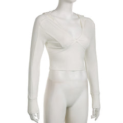 Lizakosht Fashion Hooded Long Sleeve T Shirt Women Spring Summer Slim Fit Solid Color Cropped Tops Y2k Patchwork Streetwear Tshirt