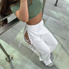 Lizakosht Women Summer Casual Baggy Pants Solid Color Drawstring Waist Side Hollow Bandage Wide Leg Pants y2k Harajuku Joggers