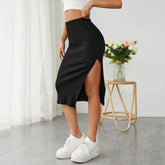 Lizakosht Spring And Summer Sexy Fashion Women'S High Slit Bodycon Midi Slim Fit Skirt Elegant Black Split Ribbed Knit Pencil Skirts