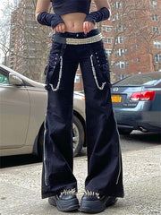 Lizakosht Gothic Alt Black Cargo Pants Chain Rock Punk Cyber Techwear Trousers Womem Low Waist Jogger Tie Up Wide Leg Pants Cyberpunk Pant