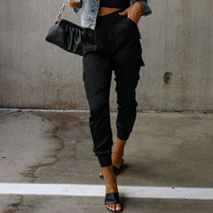 Lizakosht Fashion Lady Solid High Waisted Cargo Office Pants New Arrival Slim Pockets Trousers Casual Women Elastic Long Pant Streetwear