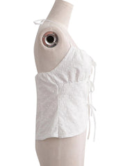 Lizakosht White Lace Cotton Corset Cute Fashion Women Lace Up Camis Tops Summer Sexy Sleeveless Embriodery Hollow Out Tops Blusa
