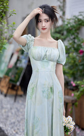 Lizakosht Summer Romantic Green Print Dress Woman Retro French Style Puff Sleeve Elegant Lady Midi Dresses For Date Party Vestido Festa