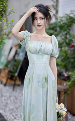 Lizakosht Summer Romantic Green Print Dress Woman Retro French Style Puff Sleeve Elegant Lady Midi Dresses For Date Party Vestido Festa