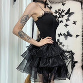 Japanese Lace Mesh Dress Dark Gothic Tulle Cake Black Vintage Sundress Summer Ball Gown Mini Y2K Spaghetti Straps Dresses Femme