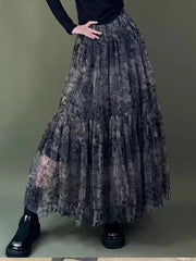 Lizakosht A sense of design early spring new ink print dress elegant French retro high waist slim double mesh skirt design skirt.