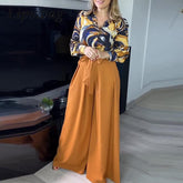 Lizakosht Spring Summer Commute Long Sleeve Blouse Outfits Fashion Print Tops Shirt And Belted Wide Leg Pants Suit Women Casual Loose Sets