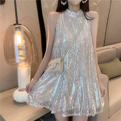 Korean Version of Nightclub Sequins Backless Hip Female 2022 Spring/Summer New Fashion Black Sexy Strap Dress Backless Sexy