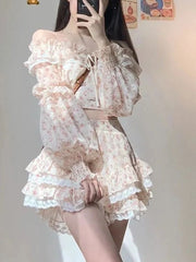 Lizakosht Print France Elegant Two Piece Set Women Lace Sweet Party Cake Skirt Suit Female Chiffon Korea Off Shoulder Sexy Set Summer