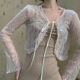 New Spring and Autumn Sunscreen Lace Shirt Cardigan T-shirt Fashion V-neck Sexy Lace Side Straps Slim Temperament Y2k Top