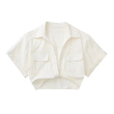Lizakosht Pockets Turn Down Collar Shirt Crop Top Cotton Linen White High Fashion Blusa Mujer Loose Casual Summer Spring Blouse