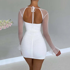 Lizakosht Fall Summer Women Sexy Mesh Long Sleeve Backless Ruffle Backpack Hip Halter Skirt Lady Elegant Ball Evening Dress Vestidos