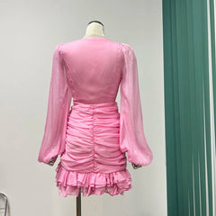 Lizakosht Spring and Autumn Dress Minority Chiffon V-neck Long Sleeve Fold Waist ruffled skirt Holiday Dress