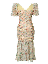 Lizakosht Sweet Gentle Elegant Dress for Women Mesh Flower Pleate Bubble Sleeve Bodycon Fishitail Robe Party Holiday Vestido Maxi Clothes