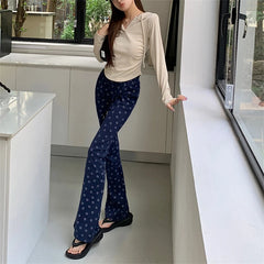 Lizakosht Women's Smiling Face Full Print Blue Flare Pants Casual Fashion Chic Female Elastic High Waist Straight Wide Legs Slim Trousers
