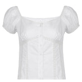 Lizakosht White Sexy Lace Women's T-Shirt Top Fashion Puff Sleeve Cardigan Shirt Slim Casual Short Sleeve Ladies Blouse Spring New