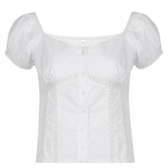 Lizakosht White Sexy Lace Women's T-Shirt Top Fashion Puff Sleeve Cardigan Shirt Slim Casual Short Sleeve Ladies Blouse Spring New