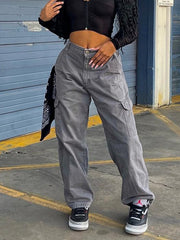 Grey Pocket High Waist Cargo Pants Oversized Jeans Women 2022 Y2K Streetwear Fashion Retro Loose Straight Wide Leg Pants Women