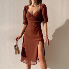 Lizakosht Midi Dress Women Summer Elegant Sexy Split Fashionable French Low Cut Dress High Waist Low Cut Date Party Dress