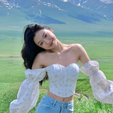 One Shoulder Long Bubble Sleeve Floral Shirt Spring Summer Top Women's Design Sense Niche Short Lining Aesthetic Clothes Kawaii