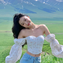 One Shoulder Long Bubble Sleeve Floral Shirt Spring Summer Top Women's Design Sense Niche Short Lining Aesthetic Clothes Kawaii