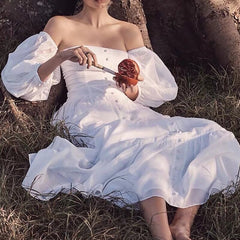 Lizakosht White Elegant Dress for Women Strapless Single-breasted Vintage Bodycon Dresses Lady High Waisted Puff Sleeve Clothing Party