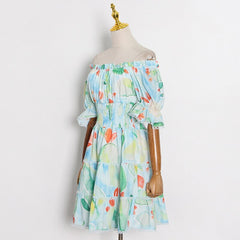 Lizakosht Summer Chiffon Dress New Square Neck Puff Sleeve Printed A-Line Short Dress Free Shipping