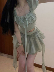 Lizakosht Green France Sweet Two Piece Set Women Summer Korean Style Mini Skirt Suit Female Elegant Puff Sleeve Tops+Irregular Skirts