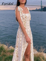 Lizakosht Spring Summer French Style Print Midi Dress Lace Up Strapy Beige Floral Vintage Slip Dress Boho Women New Sundress Sleeveless