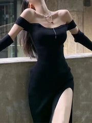 Spring Fashion Women Sexy Split Backless Off Shoulder Knitted Dress Female Club Party Y2K Dress