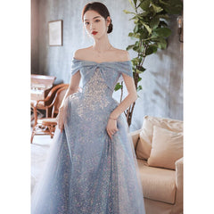Elegant Blue Evening Dress 2022 new Off The shoulder Exquisite Appliqué Tulle Floor-length A-line Homecoming Gonws