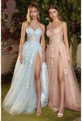 Tulle Formal Prom Gown Long Sheer Boning Bodice One Shoulder Floral Applique Skirt Leg Slit Prom Formal Gala Dress Evening Party