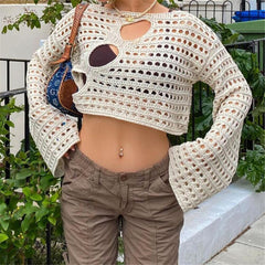 Lizakosht Hollow Out Women Knitted T Shirts Y2K Crop Top Summer Beach Cover Up Fashion Casual Crppped Tops Tees Woman Clothes 2022