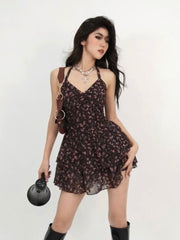 Halter Vintage Floral Dress Women Sexy Boho Bow Lace Up Backless Sleeveless Elegant Ruffle Patchwork Tunics Mini Skirt
