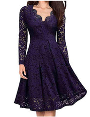 Lizakosht Autumn Winter Women V-Neck Lace Flower Elegant Casual Dress Lined Long-Sleeved Fashion Lady A-Line Formal Evening Gowns Dress