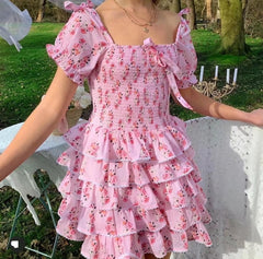Lizakosht pink floral summer dress sweet girl tiered ruffled party dress smocked bodice short sleeve mini dress women
