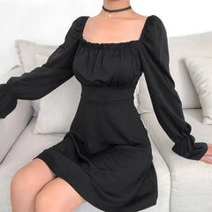 Lizakosht Retro Square Collar Ruffle Lace Up Autumn Winter Long Sleeve Women Dresses Mujer Vestido