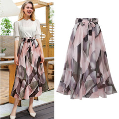 Lizakosht Women's Skirt Summer Fashion Printed Pleated Chiffon Skirt Women's Casual Lace-up High Waist Mid-Calf Skirt