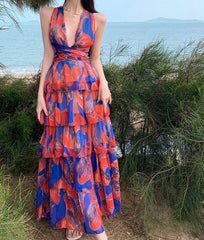 Lizakosht Summer Backless Beach Long Maxi Dress Vintage Cascading Ruffles Deep V Neck Sexy Floral Print Party Dress Sleeveless Design F242